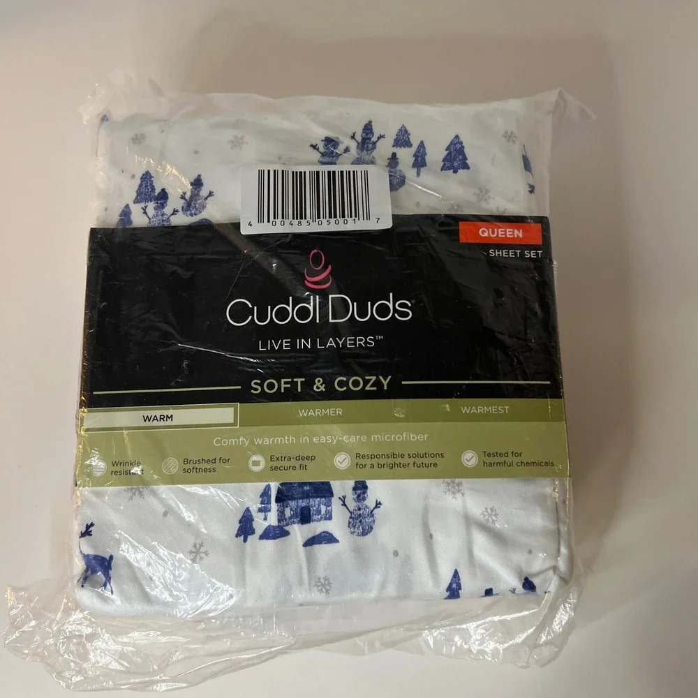 Cuddl Duds Soft & Cozy Brushed Queen Sheet Set Snowmen Trees White‎ Blue NIP